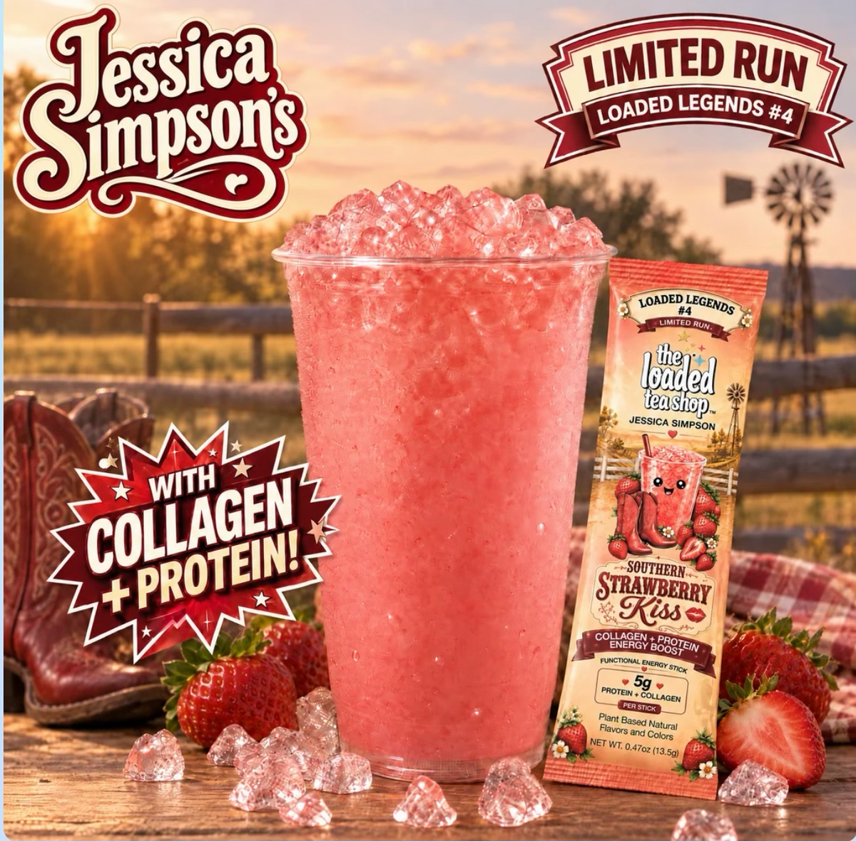 Strawberry Kiss loaded tea collagen + protein energy drink mix packet
